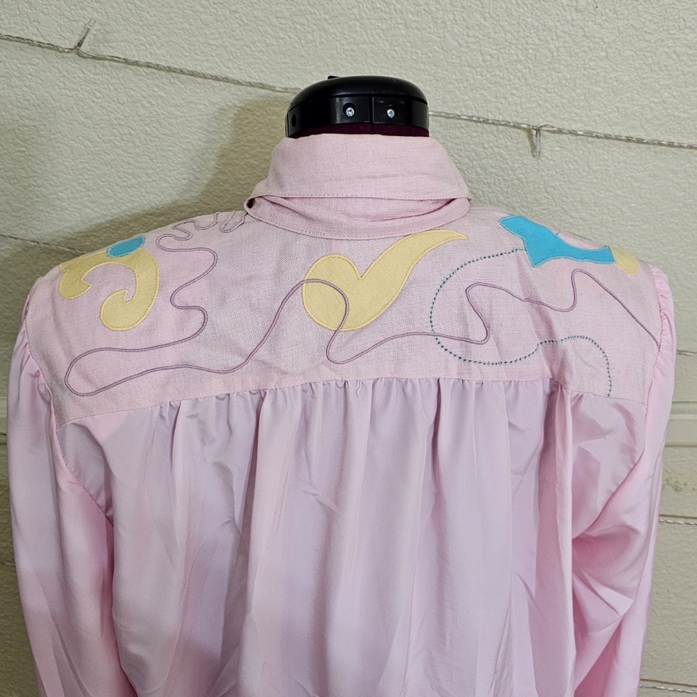 Unique Vintage Lilli Ann Abstract Embroidered Pink Multicolor Blouse Size 14